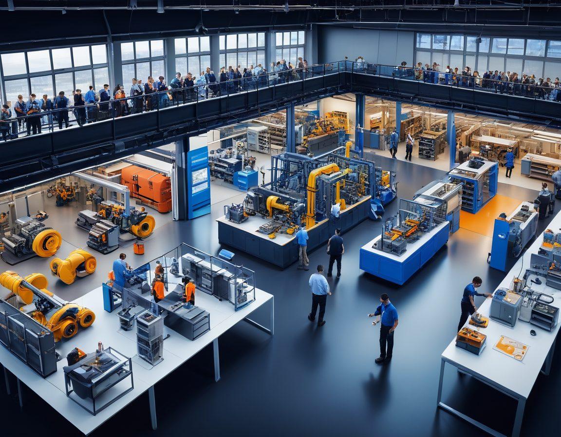 A dynamic illustration showcasing the journey from design blueprints to a bustling factory environment, highlighting Magnaflo's impactful applications. Incorporate vivid gears, schematics, and workers using advanced technology in a seamless workflow. The backdrop should feature a digital transformation theme with illustrations of both prototypes and finished products. Emphasize a blend of innovation and efficiency in a modern setting. vibrant colors. tech-inspired. 3D.