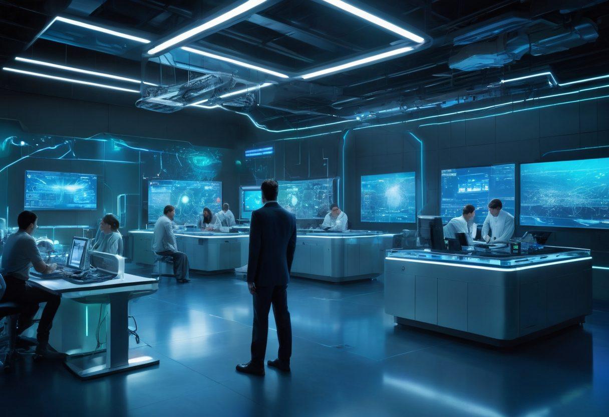 A futuristic laboratory scene showcasing advanced technologies utilizing Magnaflo, with engineers collaborating on innovative projects. Include holographic displays and intricate machinery, symbolizing a smarter tomorrow. The atmosphere is vibrant and filled with energy, featuring blue and green lighting to signify innovation. super-realistic. vibrant colors. sci-fi elements.