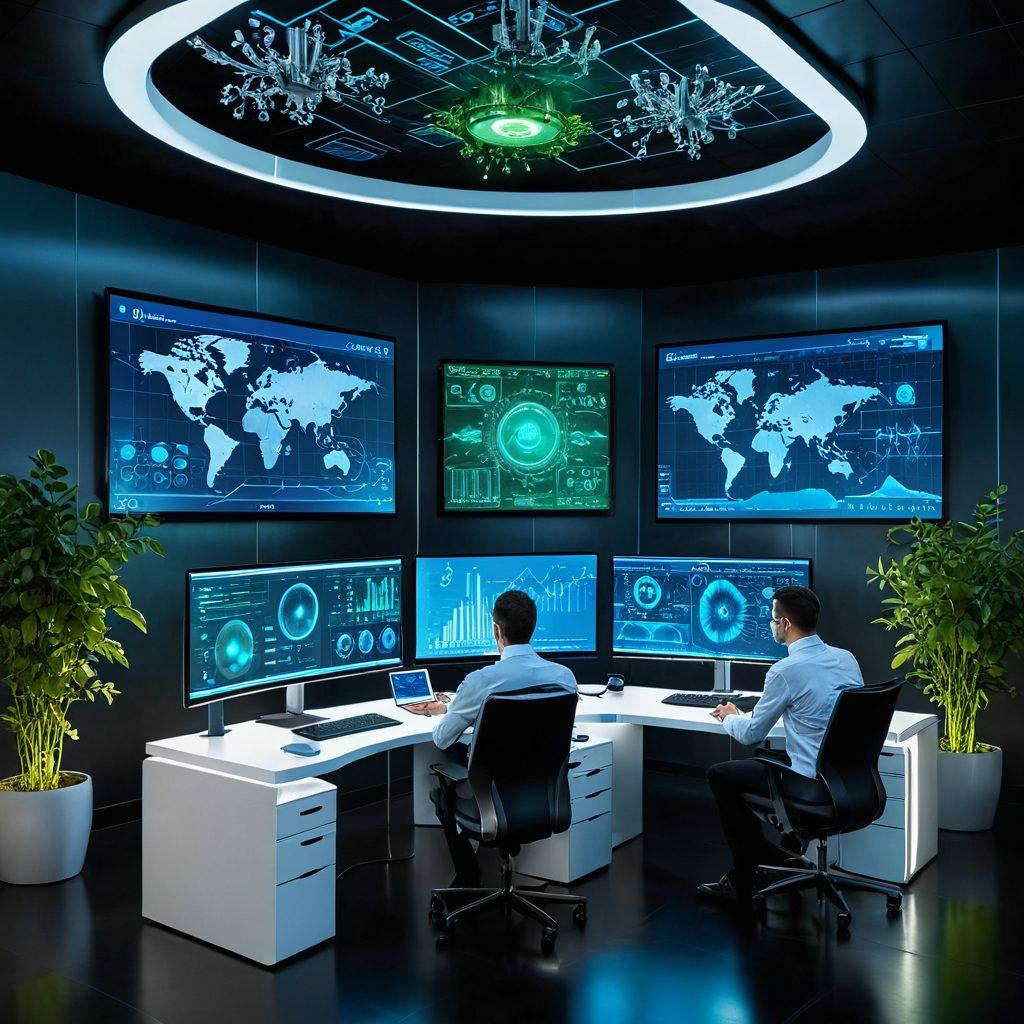 A futuristic workspace with sleek technology highlighting Magnaflo solutions, showing gears and circuits symbolizing efficiency. Include diverse professionals collaborating over holographic displays, surrounded by glowing charts and data streams. The atmosphere is dynamic and innovative, inspiring productivity. Bright blues and greens representing technology and nature. super-realistic. vibrant colors.